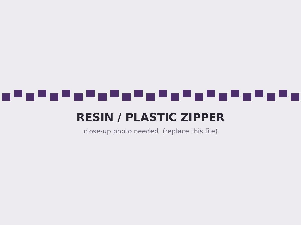 Resin plastic molded zippers in solid and transparent colors
